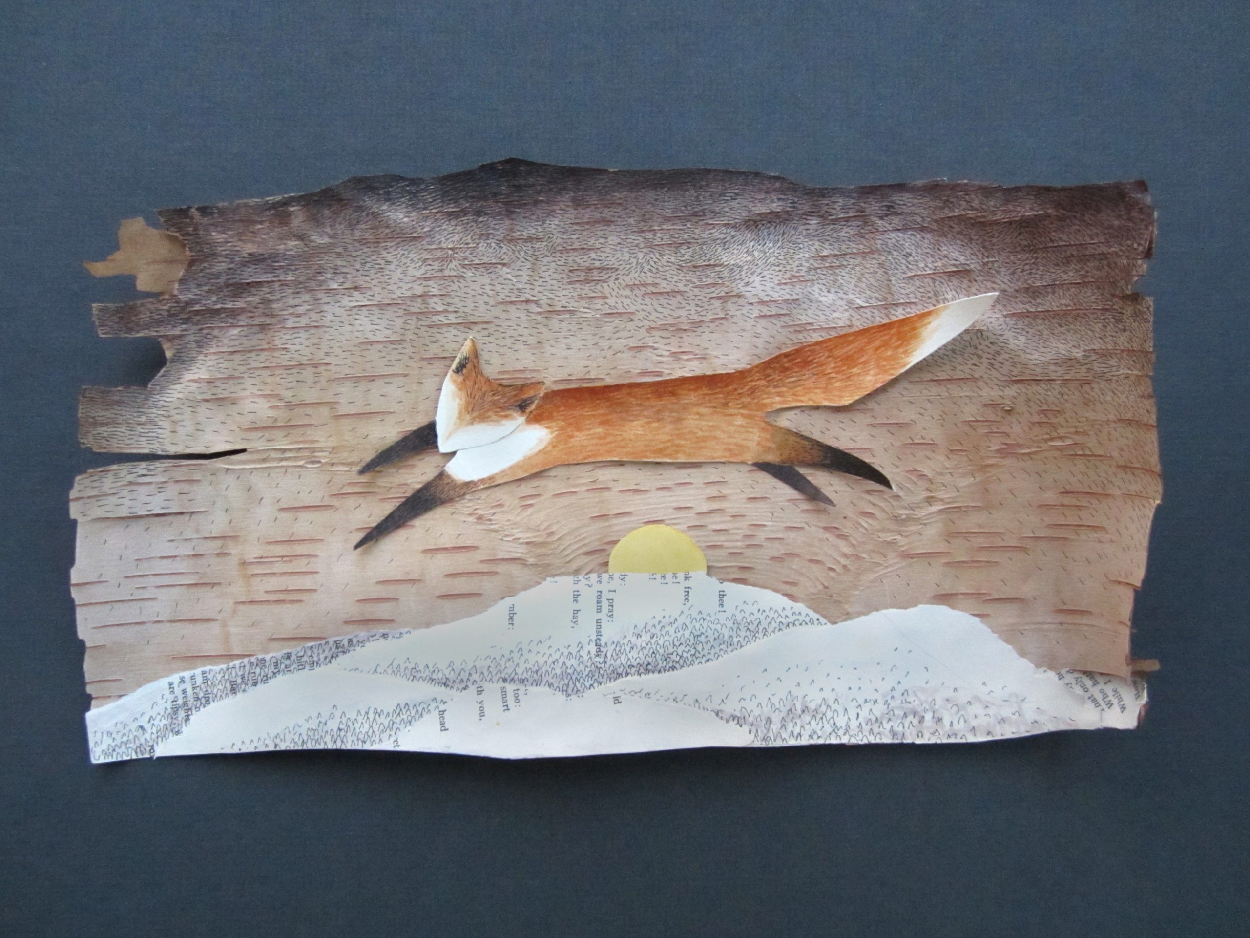 "Fox Greets The Rising Sun", Watercolor, Pen, And Collage On Birch Bark.