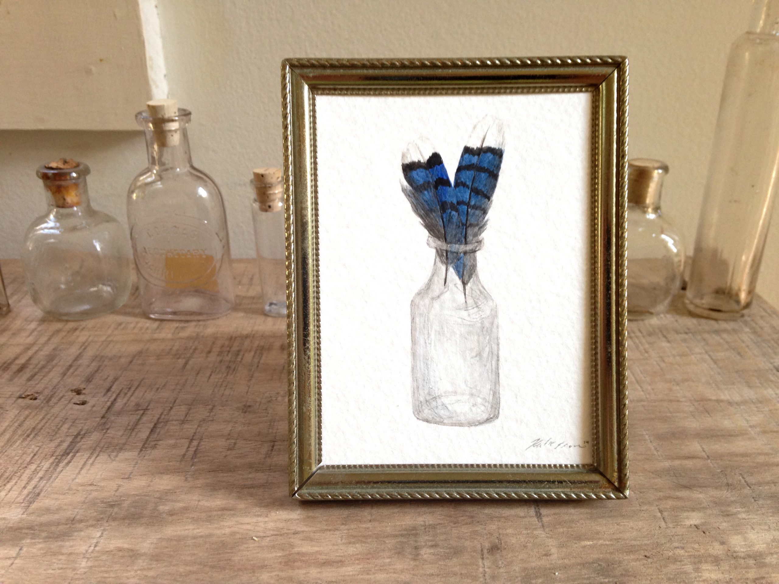 Blue Jay Feathers In A Glass Jar, Original Bird Feather Watercolor Painting