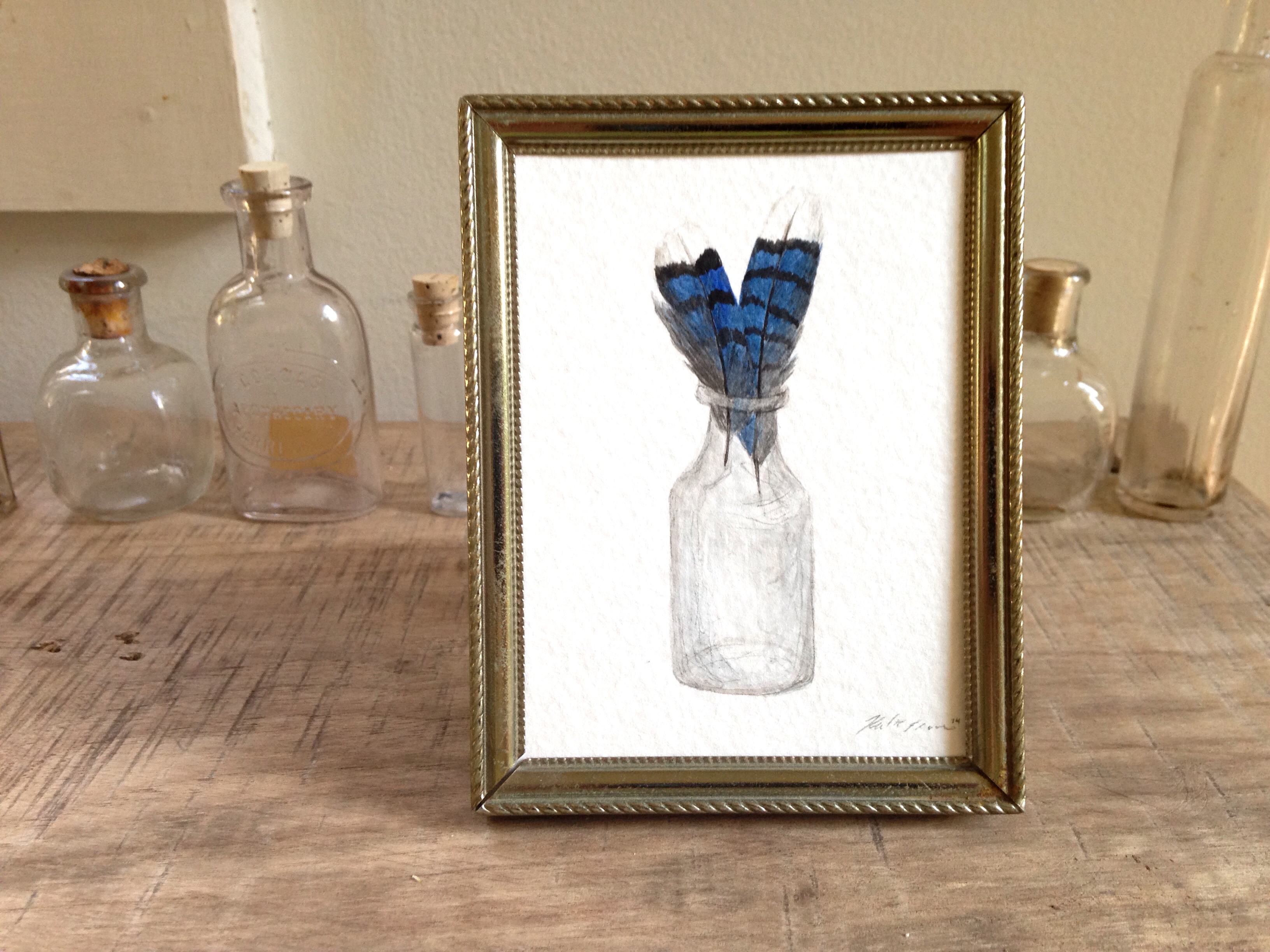 Blue Jay Feathers in a Glass Jar, Original Bird Feather Watercolor Painting