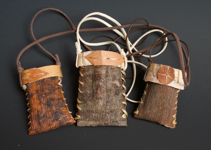 Medicine Necklaces  /  Approx. 2″ X 3″ X 3/4″ Plus Leather Necklace  / White Pine Bark, Birch Bark, Artificial Sinew, Leather