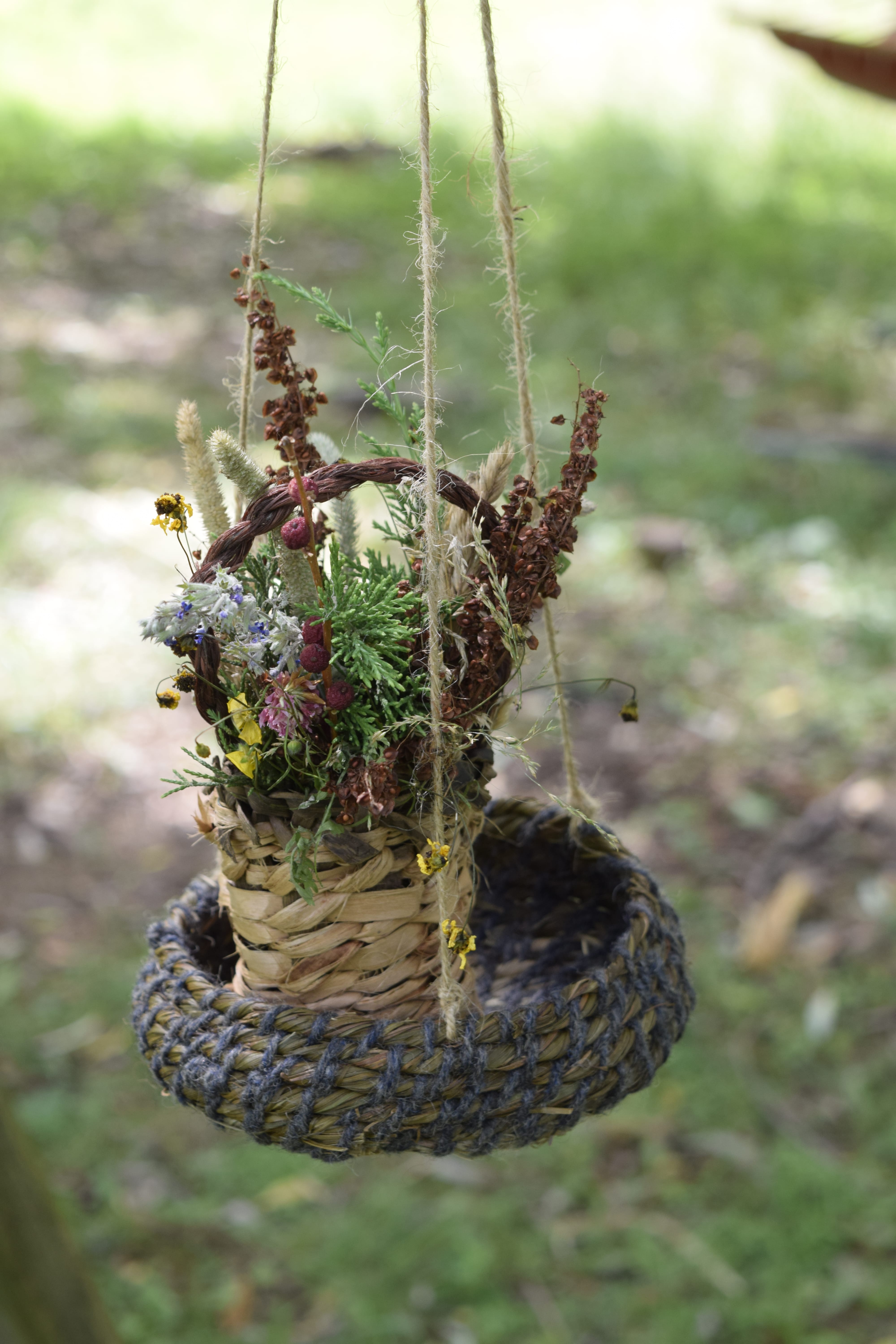 a creative coiled basket with a twined basket planter inside