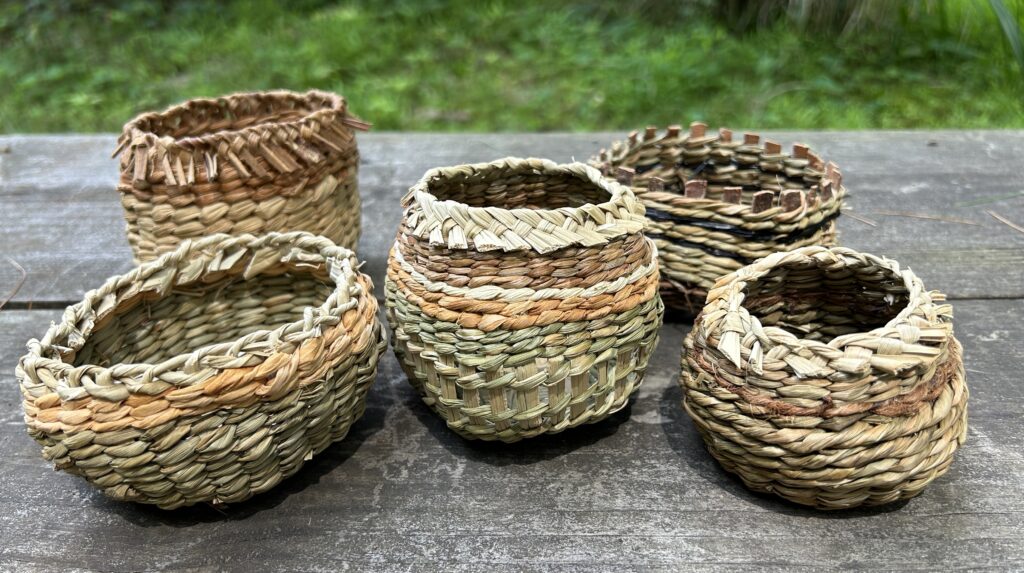 five twined baskets with cattails, iris, basswood,