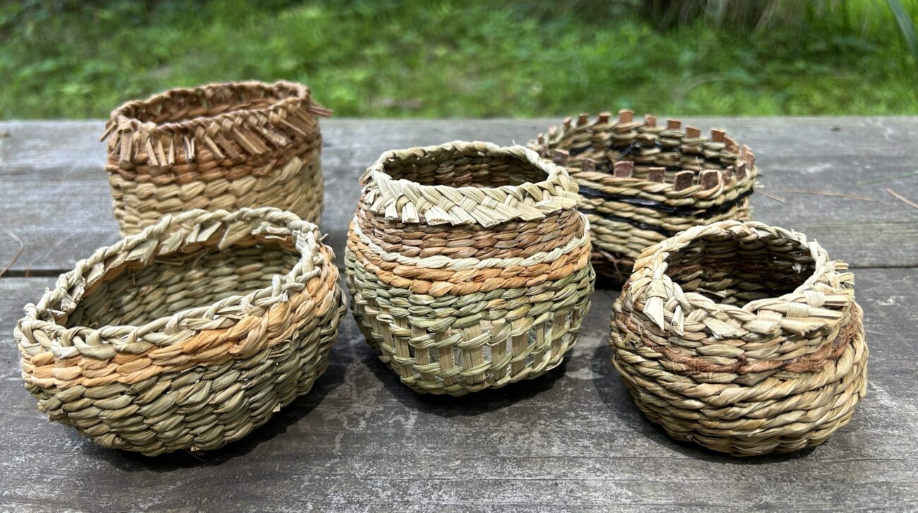 five twined baskets with cattails, iris, basswood,